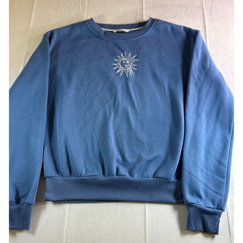Romwe Sweatshirt Womens Small S Blue Celestial Sun Graphic Crewneck Pullover